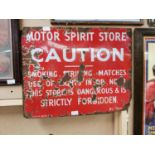 Motor Spirit Store Caution enamel advertising sign {49 cm H x 62 cm W}.