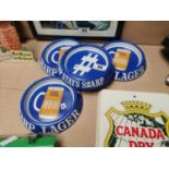 Set of four Harp Lager tin plate ashtrays {3 cm H x 20 cm Dia.}.