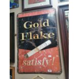 Gold Flake Satisfy! cigarettes enamel advertising sign {92 cm H x 61 cm W}.