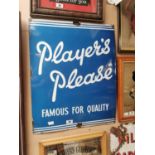 Player's Please Famous for Quality enamel advertising sign {77 cm H x 62 cm W}.
