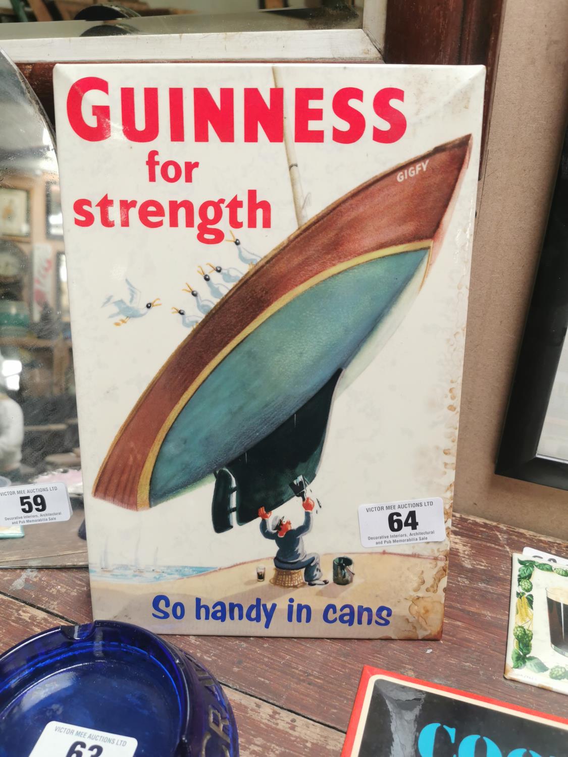 Rare Guinness is For Strength - So handy in cans celluloid advertising show card {30 cm H x 20 cm