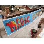 Two 1970s aluminium signs - MAGIC and CIRCUS {64 cm H x 150 cm W}.