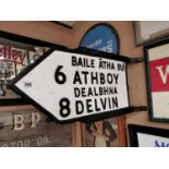 Bi-lingual Athboy and Devlin alloy finger post road sign {40 cm H x 82 cm W}.