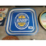Draught Harp Lager tin plate advertising drinks tray {34 cm H x 34 cm W}.