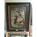 Rare Mitchell's Prize Crop cigarettes embossed tin plate framed advertising sign {77 cm H x 61 cm