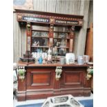Rare Victorian Irish pitch pine bar counter and back carved with Shamrocks and mirorred bar back