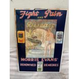 Fight Pain and Diseas Morris Evans' renowned remedies advertising print {38 cm H x 27 cm W}.