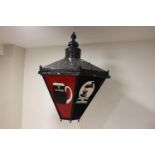 Wrought iron advertising lantern with bracket - Guinness and Harp. {110 cm H x 94 cm W x 108 cm D}