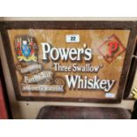 Power's Three Swallows Irish Whiskey framed advertising print {34 cm H x 47 cm W}.