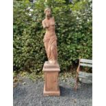 Good quality moulded teracotta statue of Venus on pedestal {200 cm H x 31 cm W x 31 cm D}.