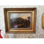 19th C. oil on board Rural scene mounted in giltwood frame {37 cm H x 45 cm W}.