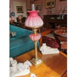 19th. C. oil lamp with pink glass bowl and shade. {54 cm H x 16 cm Dia.}