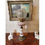 19th. C. oil lamp with brass base the stem and bowl with ruby glass overlaid with milk glass and