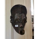 African carved wooden mask { 36cm H X 32cm W X 17cm D }.