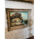 19th C. Cottage Scene oil on canvas mounted in giltwood frame {42 cm H x 53 cm W}.