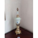 Pair of good quality brass and hand painted metal table lamps {70 cm H x 18 cm Dia.}.