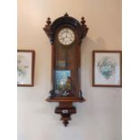19th C. mahogany Vienna wall clock with enamel dial {117 cm H x 42 cm W x 15 cm D}.