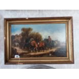 19th C. Going To The Market Oil on Canvas mounted in giltwood frame { 51cm H X 76cm W }.