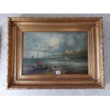 19th C. oil on canvas Stormy Harbour scene mounted in giltwood frame {77 cm H x 104 cm W}.