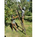 Exceptional quality bronze sculpture of boys climbing a ladder stealing apples from the orchard {190