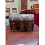 19th. C. brass and mahogany dome topped jewellery box missing base { 17cm H X 23cm W X 11cm D }.