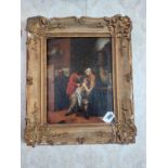 18th C. oil on canvas Tending to the Ill mounted in giltwood frame {57 cm H x 48 cm W}.