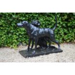 Lifesize cast iron group of two hounds on rectangular base {75 cm H x 95 cm W x 50 cm D}.