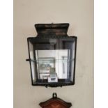 Pair of brass and glass wall lanterns { 40cm H X 26cm W X 13cm D }.