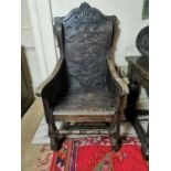 18th C. carved oak throne chair decorative with foliage and sea creatures {130 cm H x 65 cm W x 65