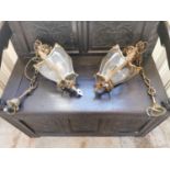 Pair of decorative brass and glass hanging lanterns { 70cm H X 25cm Dia }.