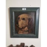 Oil on board depicting St Bernard mounted in a wooden frame {43 cm H x 40 cm W}.