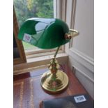 Brass bankers lamp with green glass shade {38 cm H x 18 cm Dia.}.