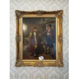 19th C. Kitchen Scene oil on board mounted in giltwood frame {60 cm H x 54 cm W}.