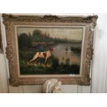 19th C. Hunting Scene oil on canvas mounted in giltwood frame {76 cm H x 83 cm W}.