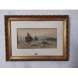 Early 20th C. watercolour Harbour scene mounted in giltwood frame {50 cm H x 69 cm W}.