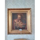 19th C. oil on canvas Religious scene mounted in giltwood frame {62 cm H x 57 cm W}.