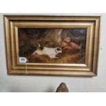 Late 19th. C. Oil on Board Dogs Playing { 38cm H X 58cm W }.