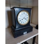 19th. C. slate mantle clock { 30cm H X 28cm W X 18cm D }.