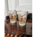 Pair of 19th C. ceramic beakers decorated with Stags {11 cm H x 8 cm Dia.}.
