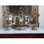 Good quality gilded brass and marble three piece garniture clock set {Clock 70 cm H x 36 cm W x 22