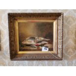 19th C. oil on board of fish mounted in giltwood frame {37 cm H x 42 cm W}.