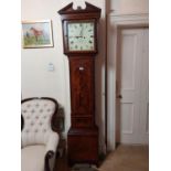 19th C. inlaid mahogany longcased clock with painted dial {220 cm H x 52 cm W x 27 cm D}.