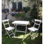 Foldable rectangular wooden and metal white garden table with two foldable chairs {Table 81 cm W x