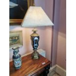Decorative bronze and ceramic table lamp {85 cm H x 43 cm W x 43 cm D}.