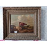 19th C. oil on canvas Cattle scene mounted in giltwood frame {75 cm H x 65 cm W}.