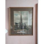 19th C. framed coloured print of Salisbury Cathedral {88 cm H x 74 cm W}.