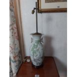 19th C. Oriental hand painted ceramic table lamp {84 cm H x 21 cm Dia.}.