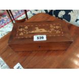 19th C. yew wood Killarney jewellery box {7 cm H x 23 cm W x 12 cm D}.