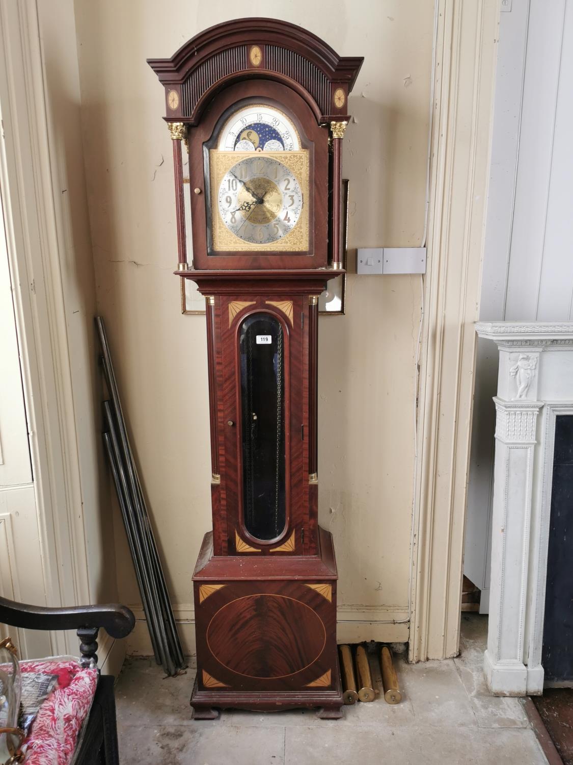 Exceptional quality inlaid mahogany and brass long cased clock with silvered brass rolling moon