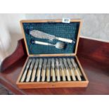 19th. C. dessert cutlery set with bone handles in original presentation box.